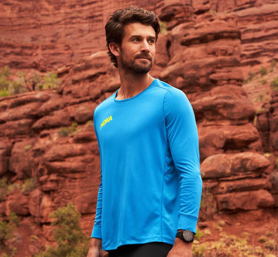 Tops Mens - Hoka One One Performance 3/4 Sleeve - Blue - JACLOMV-80